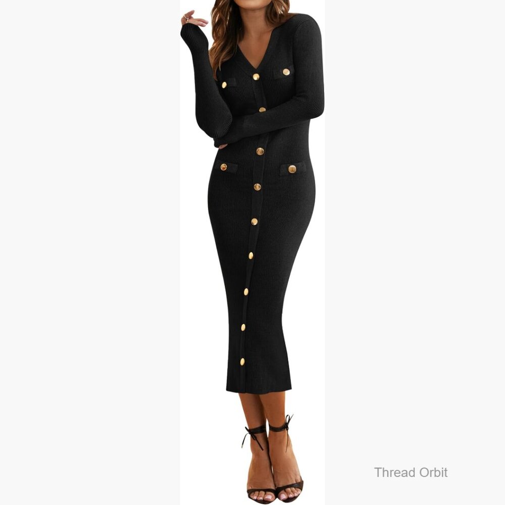 V-Neck Bodycon Sweater Dress Long Sleeve Button Down Maxi Knit Slim Fit